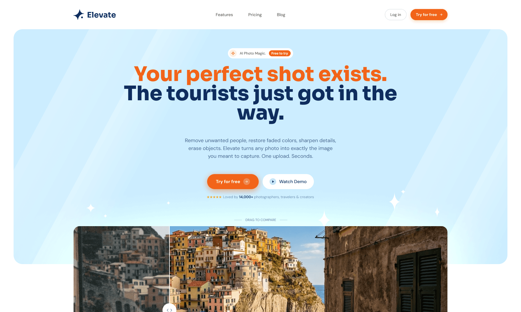 Elevate App hero section — AI image enhancement web app with split-screen before/after coastal photo.