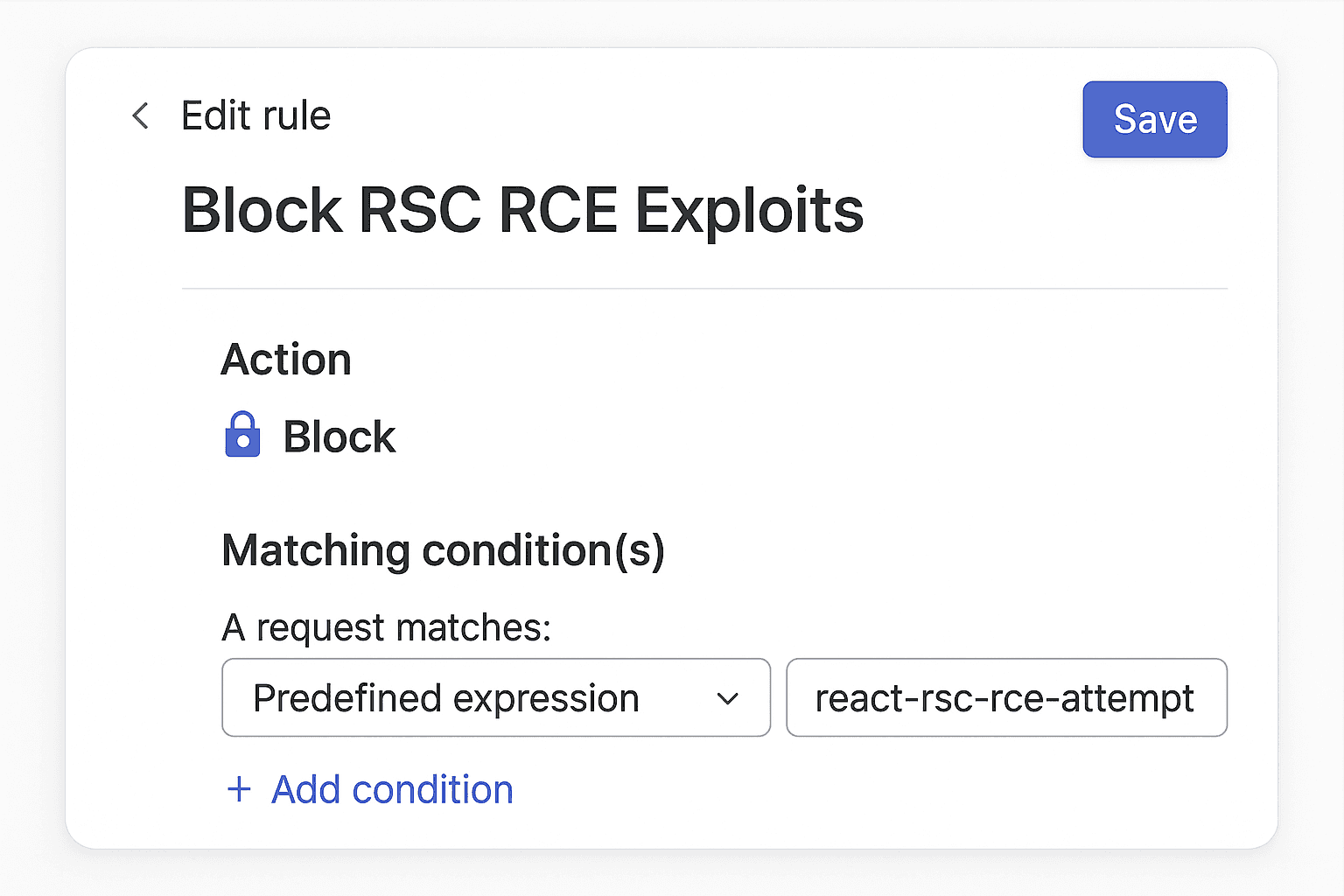 Screenshot of a WAF rule configuration blocking React Server Components RCE attempts (CVE-2025-55182) using a predefined security expression.