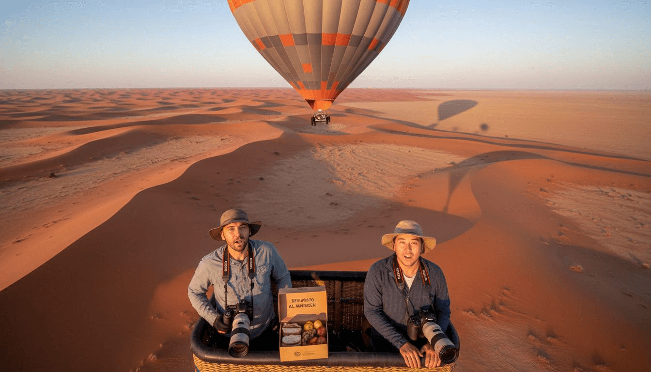 Un globo aerostático flota sobre las dunas rojizas mientras amanece.