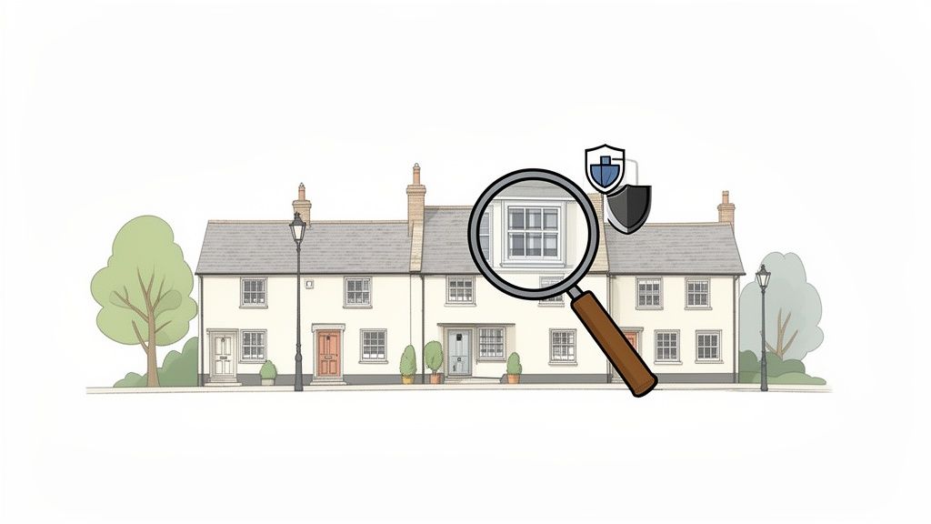 Illustration of houses, a magnifying glass inspecting a window, and security shield icons.