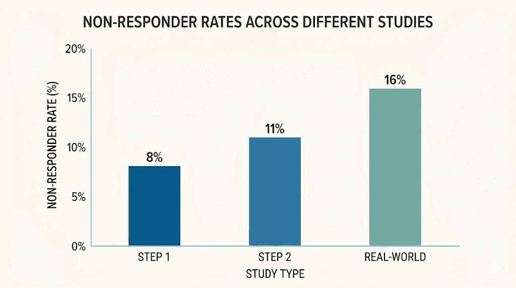 Semaglutide non-responder rates comparison across clinical trials and real-world studies