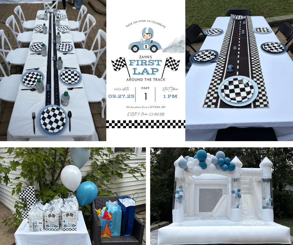 Baby shower balloon arch with a cake stand. The balloons are in 7 inch and 5 inch sizing and colors green, gold and white.