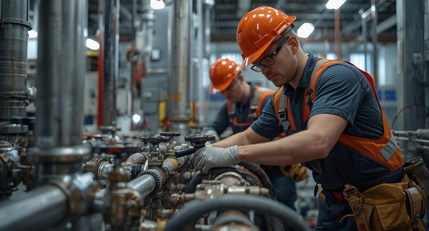 Plumber repairing pipes with digitally tracked tools for accountability.