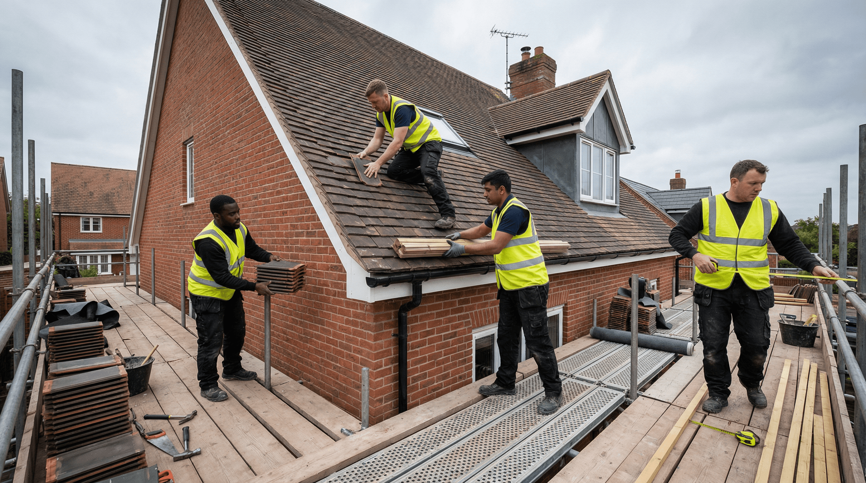 a couple of people that are on a roof