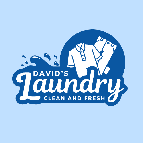 a blue logo of a cleaning company that does laundry that has the title of Davids Laundry with the slogan of "Clean and Fresh"