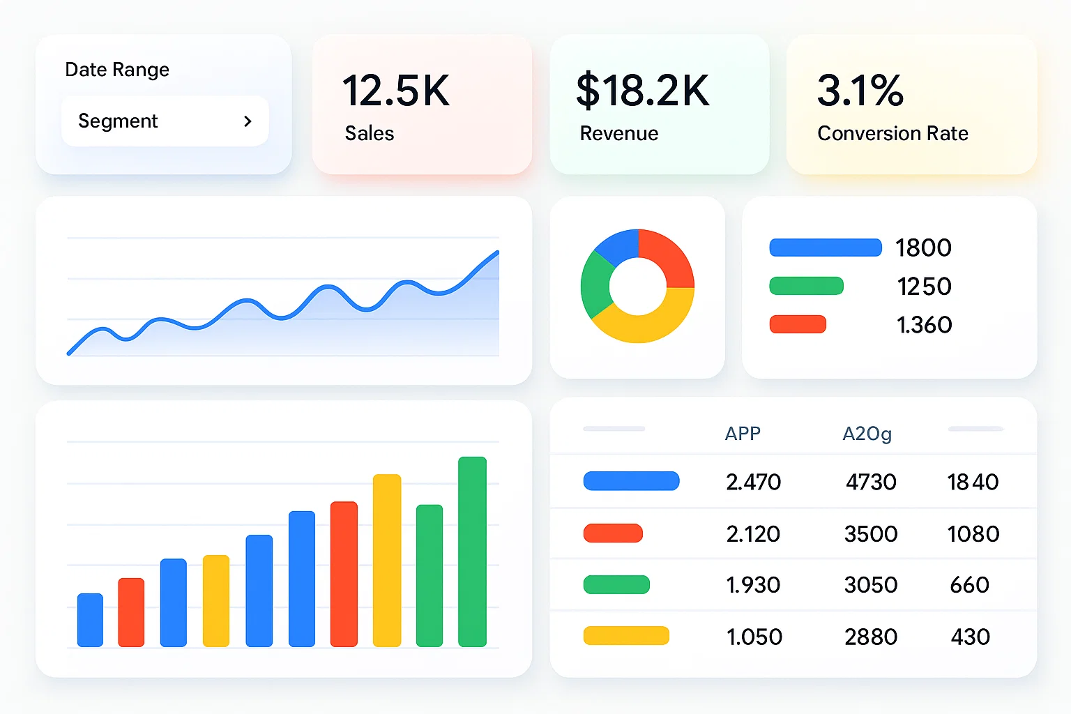 Enterprise analytics dashboard showing sales, revenue, conversion rate, line charts, bar charts, and KPI widgets for data visualization.