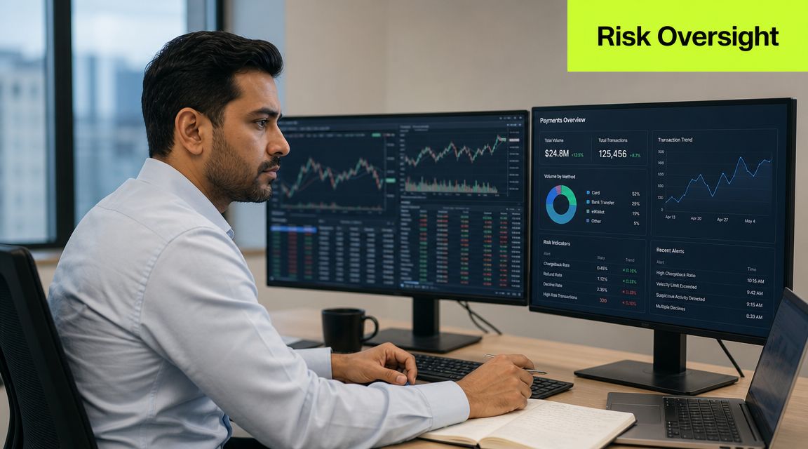 A professional financial analyst reviewing automated payment processing data and risk indicators on computer monitors.
