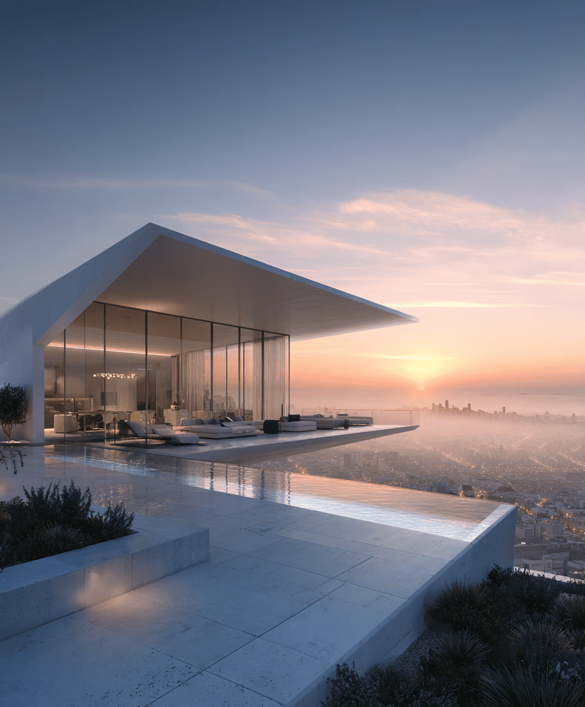 White, modern house with a pool and palm trees under a bright blue sky.