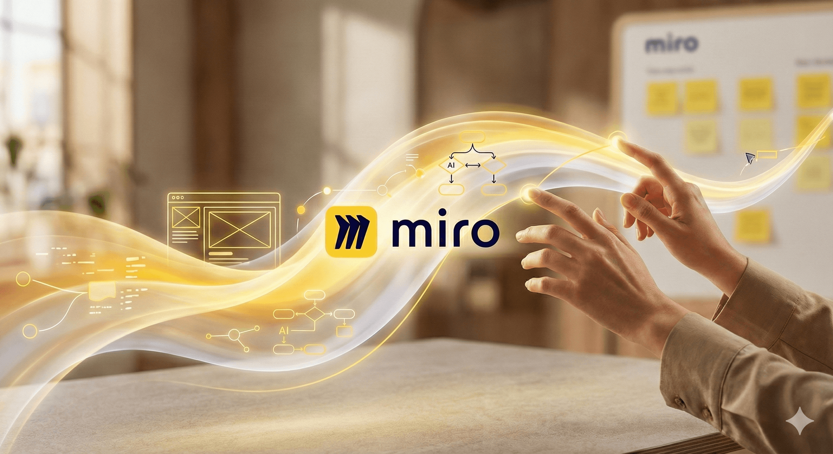 A person gestures toward a digital interface displaying the Miro logo, surrounded by dynamic, swirling graphic elements, against a background of a bright workspace with sticky notes.