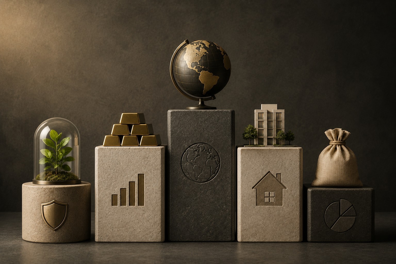 Composição visual representando a organização e diversificação de uma carteira de investimentos.