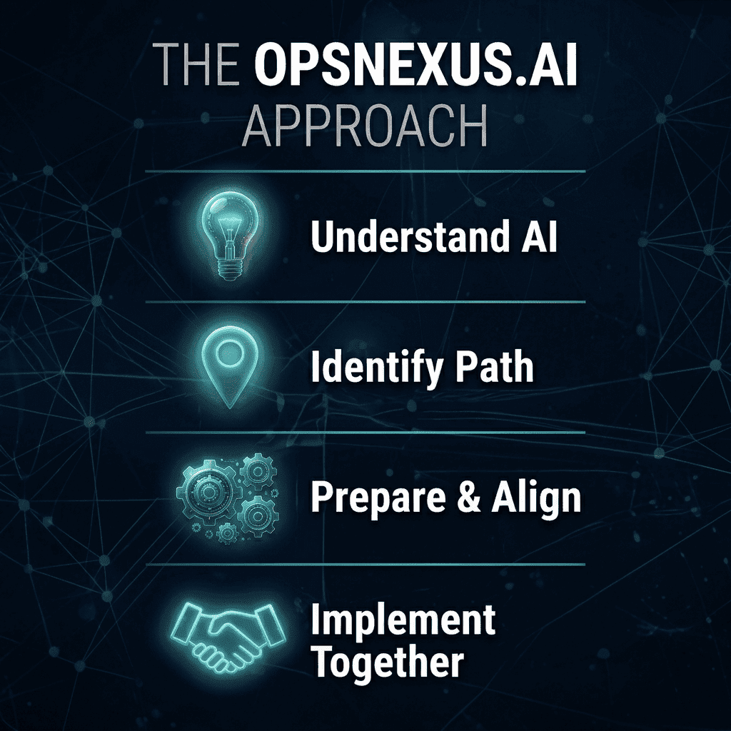 Visual roadmap titled ‘The OpsNexus.AI Approach’ showing four steps—Understand AI, Identify Path, Prepare & Align, and Implement Together—with corresponding icons for each stage.