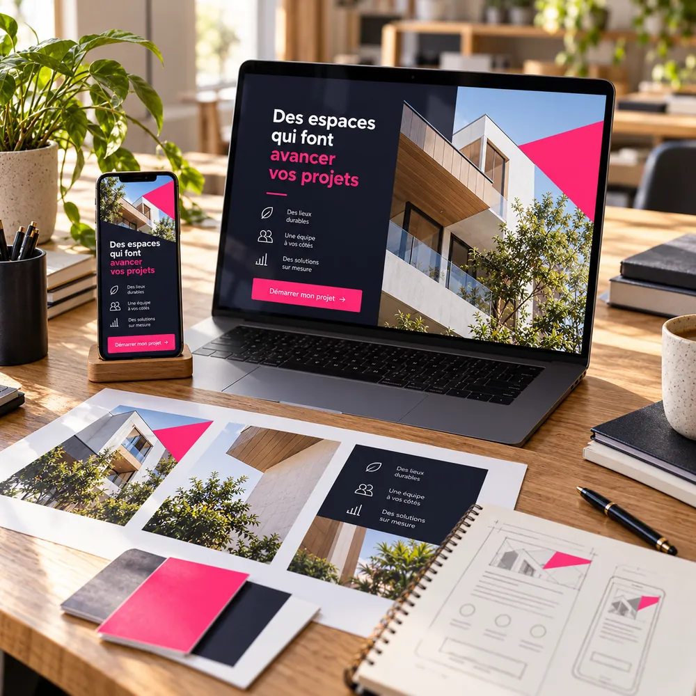 Maquettes de landing page sur ordinateur et mobile dans un studio créatif.