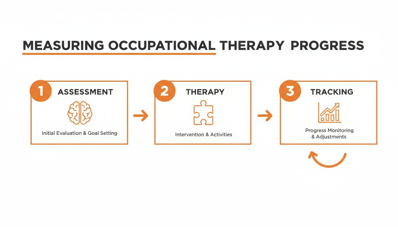 Diagram showing a three-step process for measuring occupational therapy progress: Assessment, Therapy, Tracking.
