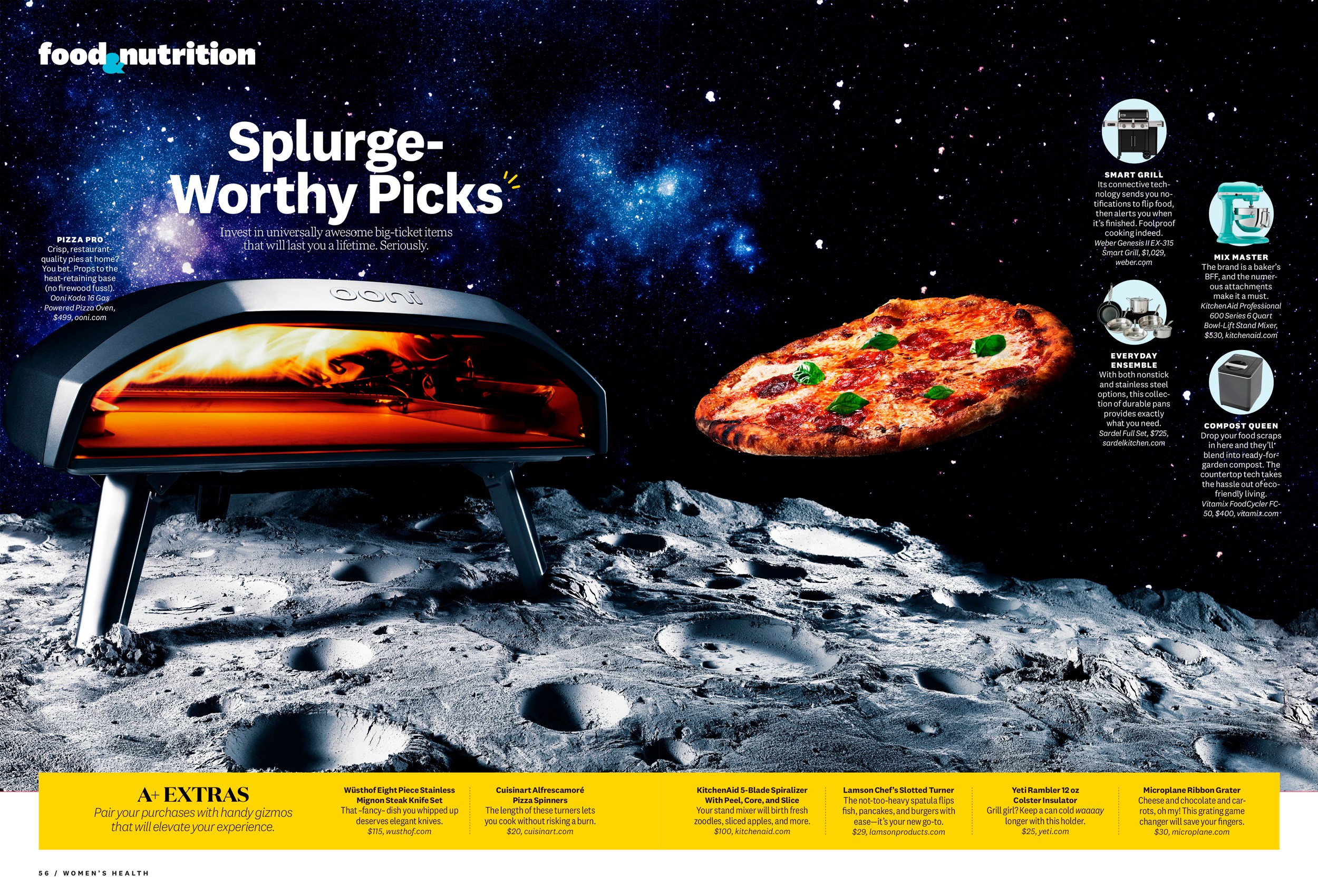 A pizza flying into a pizza oven that is on a moon surface with the galaxy as the background