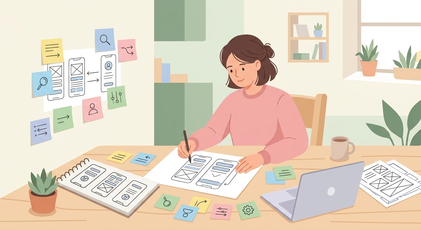 Illustration of a person planning a mobile app at a desk with wireframe sketches and sticky notes.
