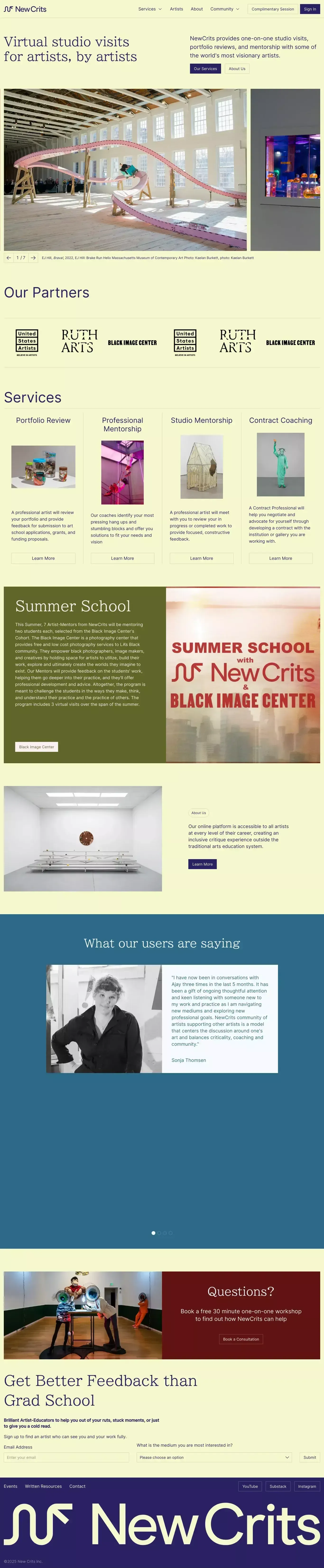 New Crits other page screenshot showcasing Art and Design design