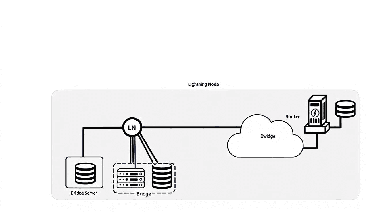 The image depicts a diagram illustrating a lightning node connected to bridge server infrastructure, showcasing how users can generate their own lightning addresses to facilitate lightning payments. This visual representation highlights the seamless integration of lightning wallets and bridge servers, emphasizing the convenience and speed of sending and receiving bitcoin transactions.