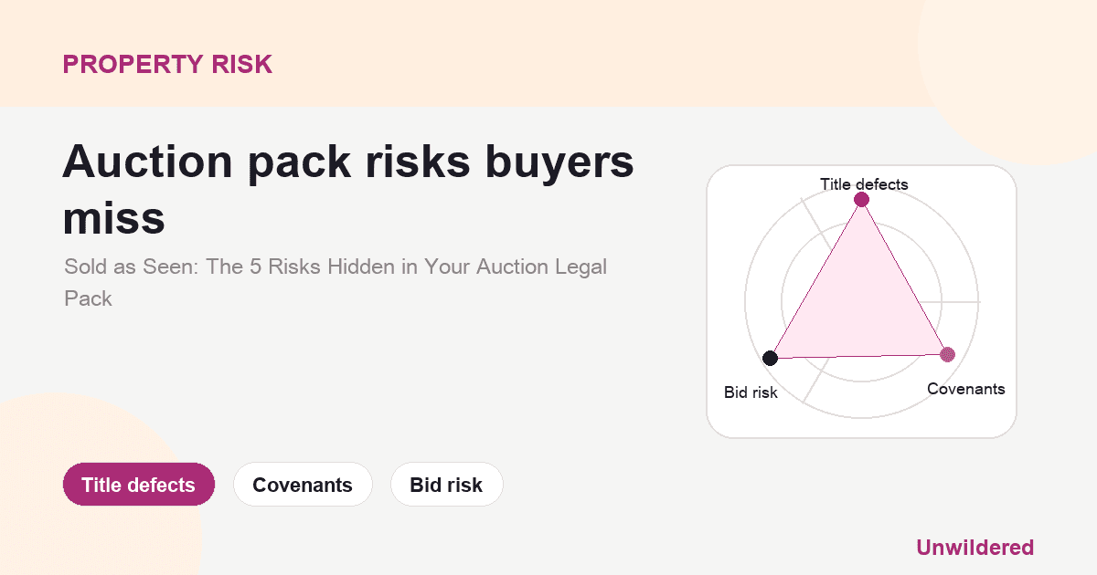 Förklaringskort för Sold as Seen: The 5 Risks Hidden in Your Auction Legal Pack: Titelbrister, servitut, budrisk.