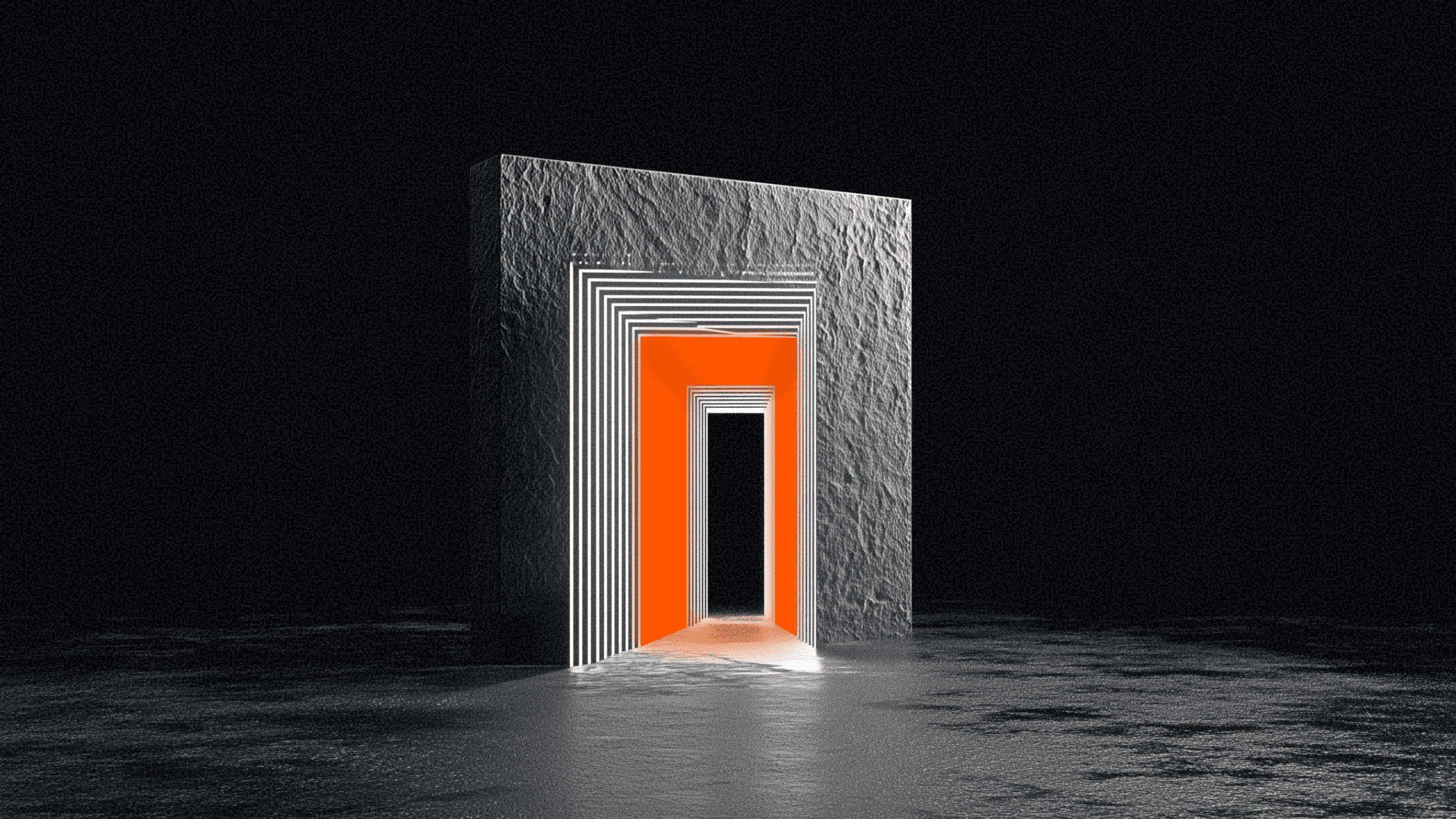 Stone monolith on black, nested white-lit doorways narrowing through solid orange to one dark opening - the terms you set