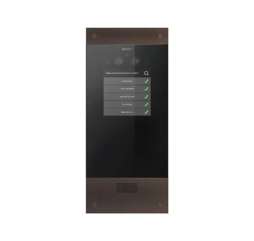 Black smart home device with screen showing time and temp