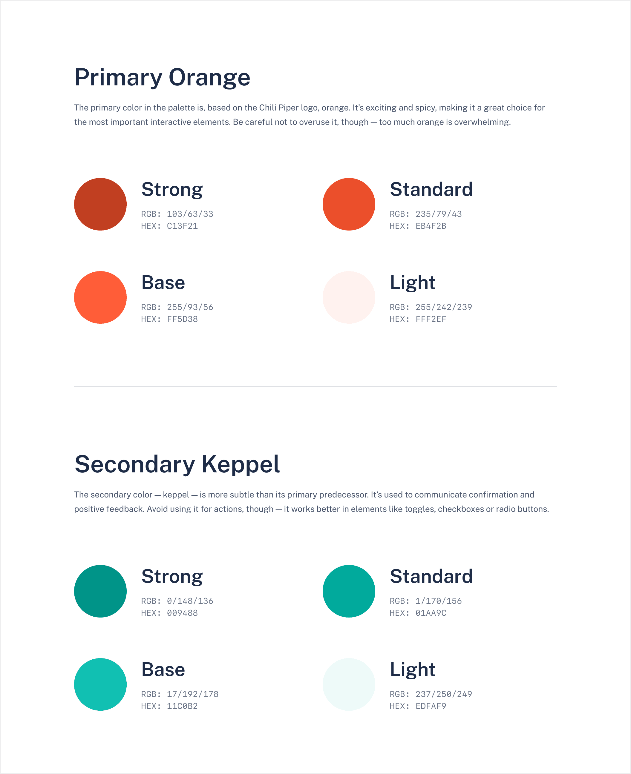A page from the design system documentation. It contains information about the usage and variants of 2 colors: orange and keppel.