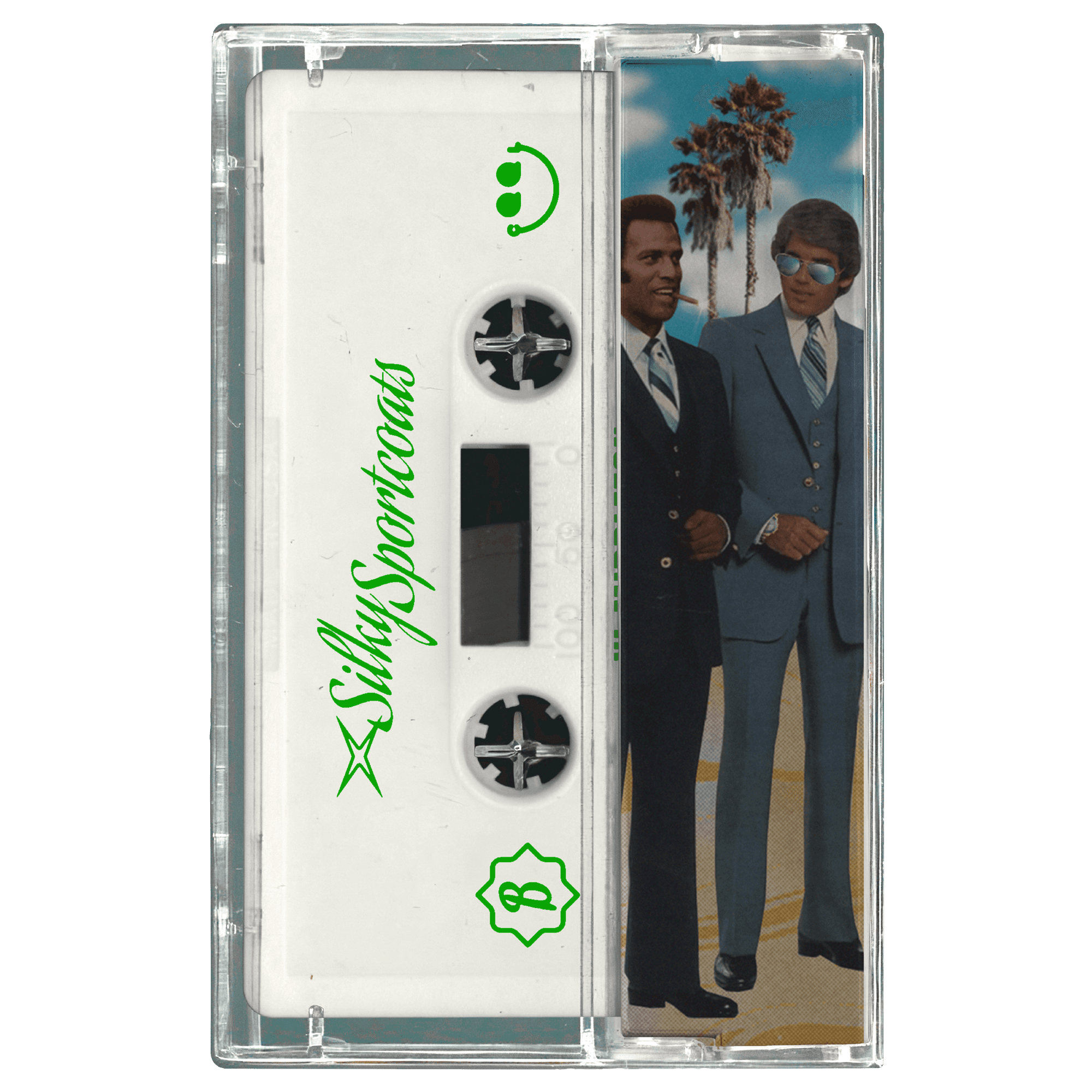 Cassette tape with 'Silly Sportcoats' branding and a cover featuring two men in suits.