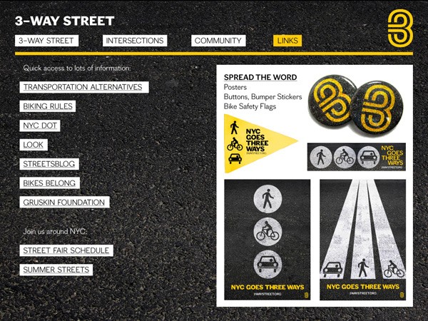A screenshot displays a website or application interface titled “3-WAY STREET” with navigation links for “3-WAY STREET,” “INTERSECTIONS,” “COMMUNITY,” and “LINKS.” To the left, a list of “TRANSPORTATION ALTERNATIVES” includes “BIKING RULES,” “NYC DOT,” “LOOK,” “STREETSBLOG,” “BIKES BELONG,” and “GRUSKIN FOUNDATION.” Below, a section titled “Join us around NYC” lists “STREET FAIR SCHEDULE” and “SUMMER STREETS.” On the right, a “SPREAD THE WORD” section shows “Posters,” “Buttons, Bumper Stickers,” and “Bike Safety Flags,” accompanied by images of pedestrians and cyclists.