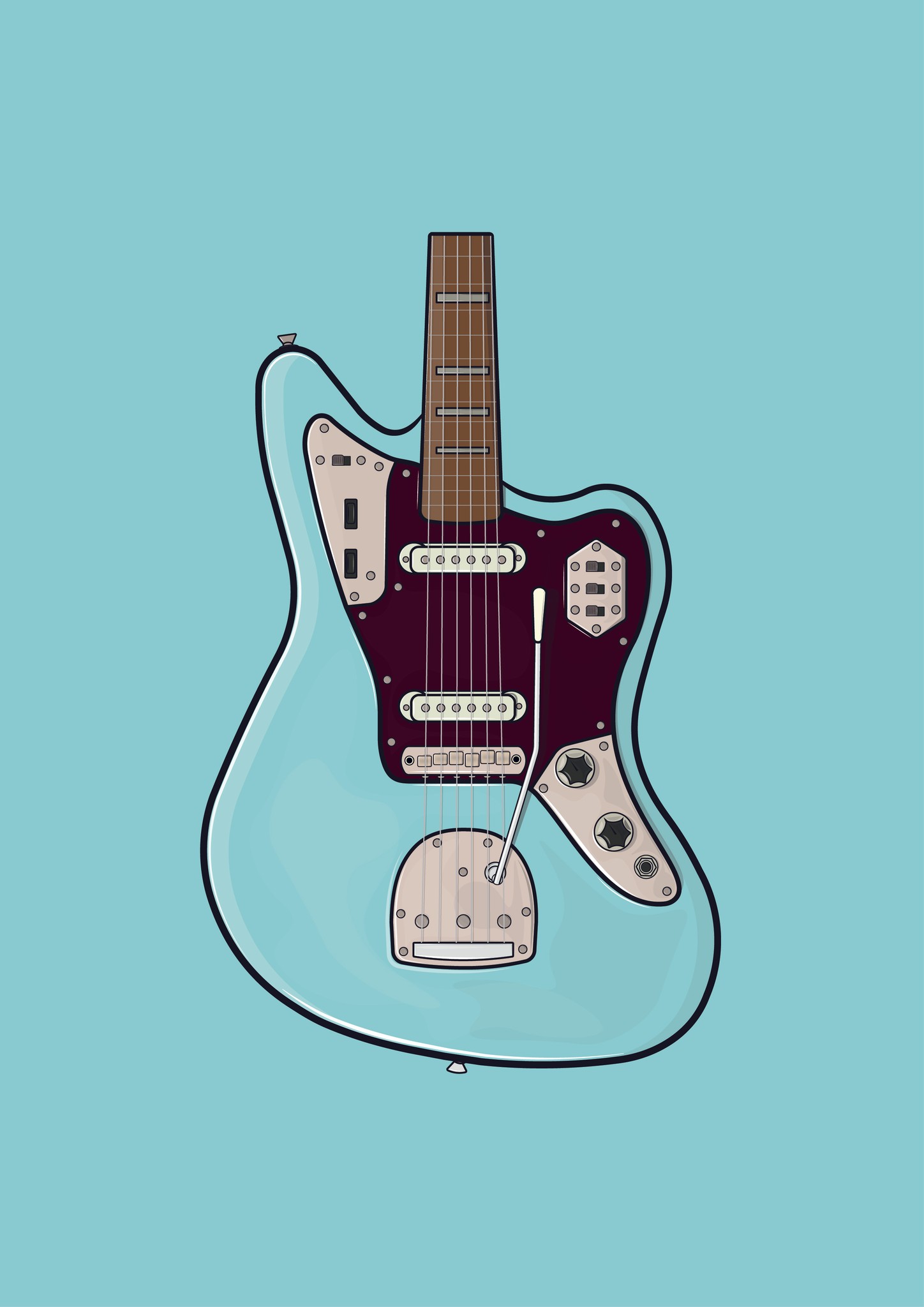 Detailed vector illustration of a teal electric guitar with a dark pickguard and metal hardware on a light blue background.