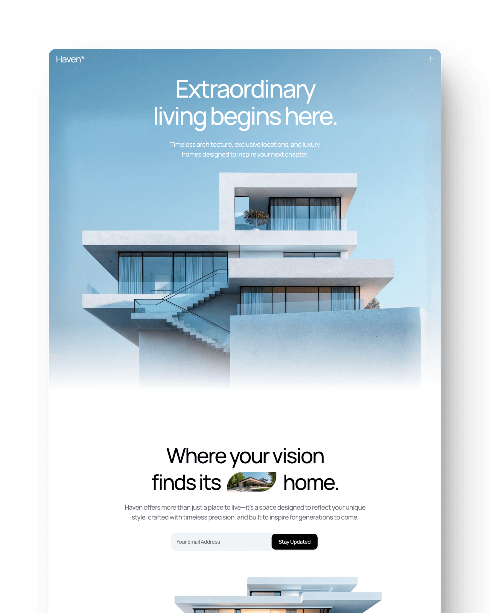 A modern building design with floating sections, featuring a blue sky in the background. Text overlays included.