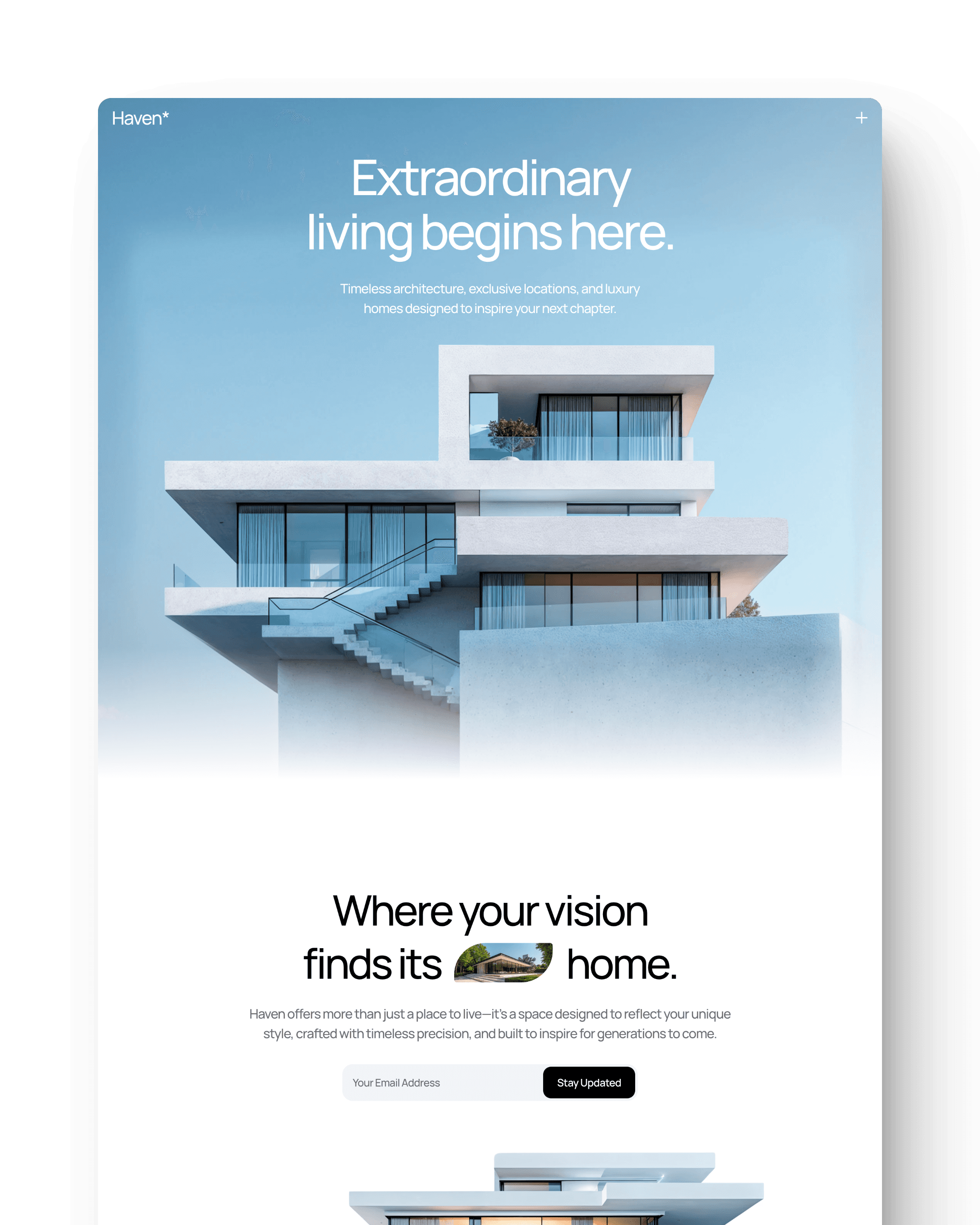 A modern building design with floating sections, featuring a blue sky in the background. Text overlays included.