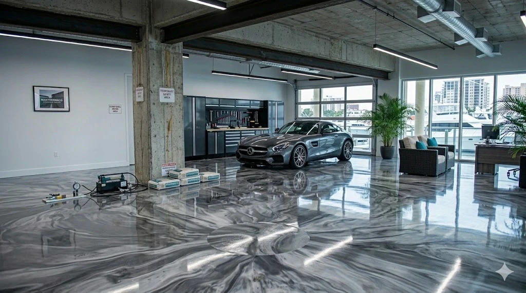 Decorative epoxy flake floor coating installation in a Fort Lauderdale garage — Planet Construction FL