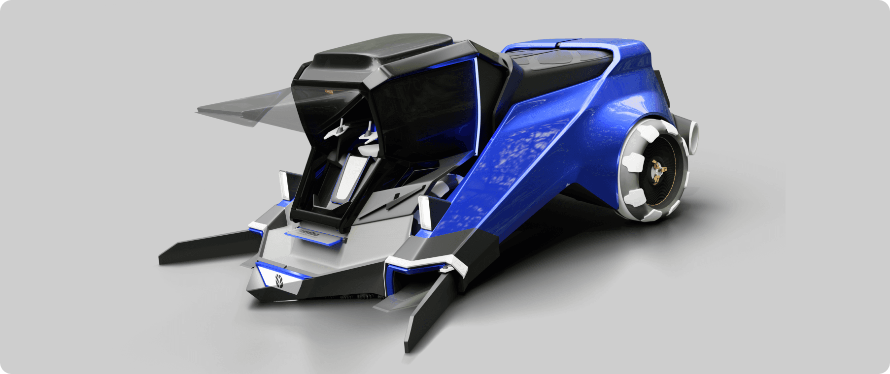 A studio front view render of muscular design  of DUMBO-A Hazelnut Harvster done in blender.