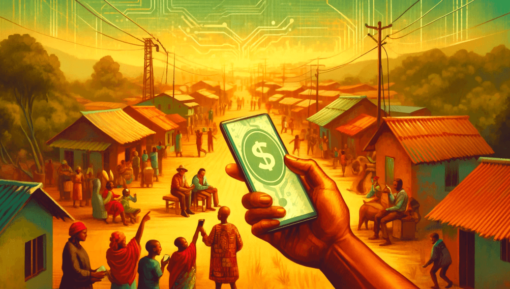 a hand holding a mobile phone, with a dollar sign on the screen and an old village in the background