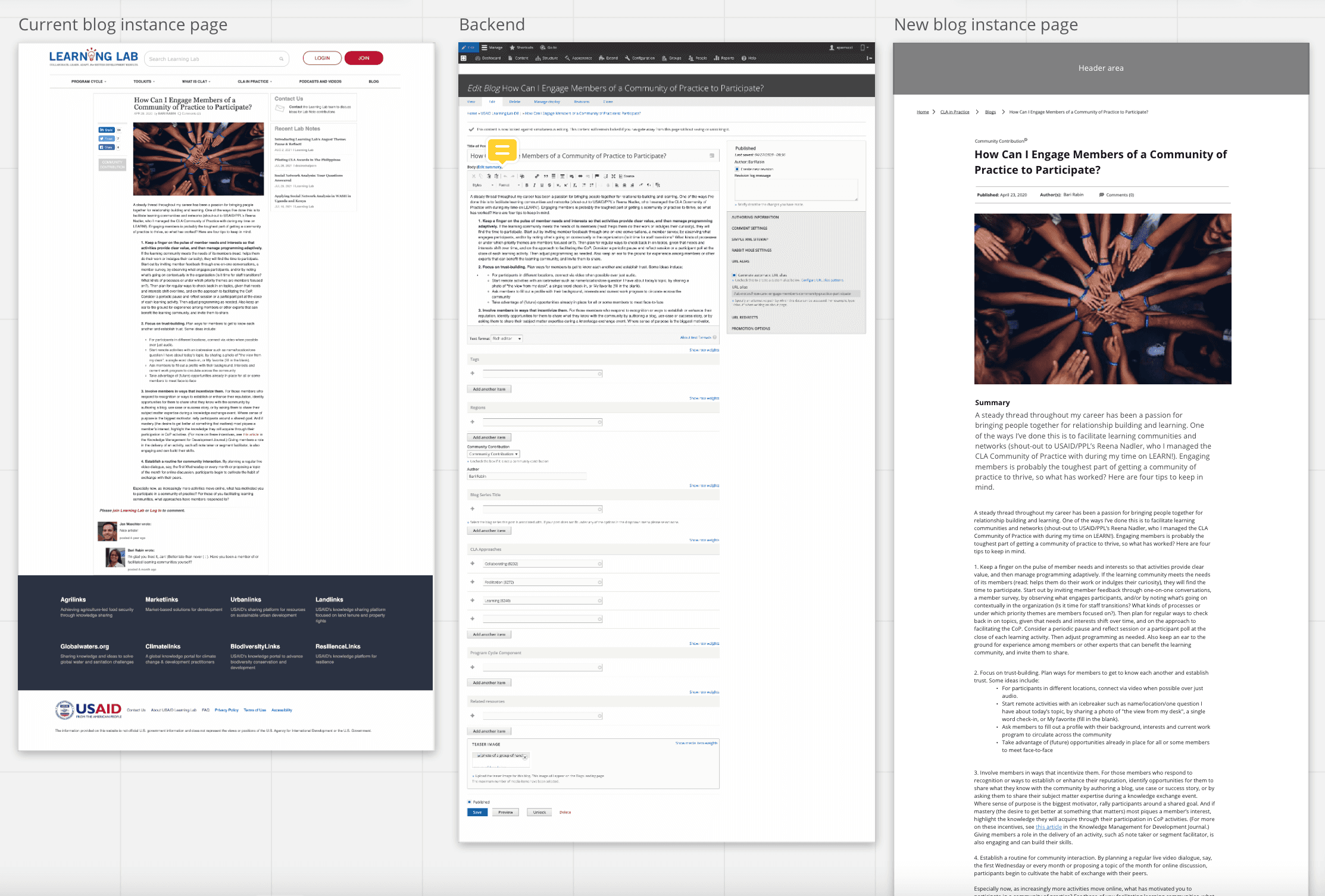 Existing webpage mapped to an updated Drupal backend, with the frontend presentation of the new content structure. 