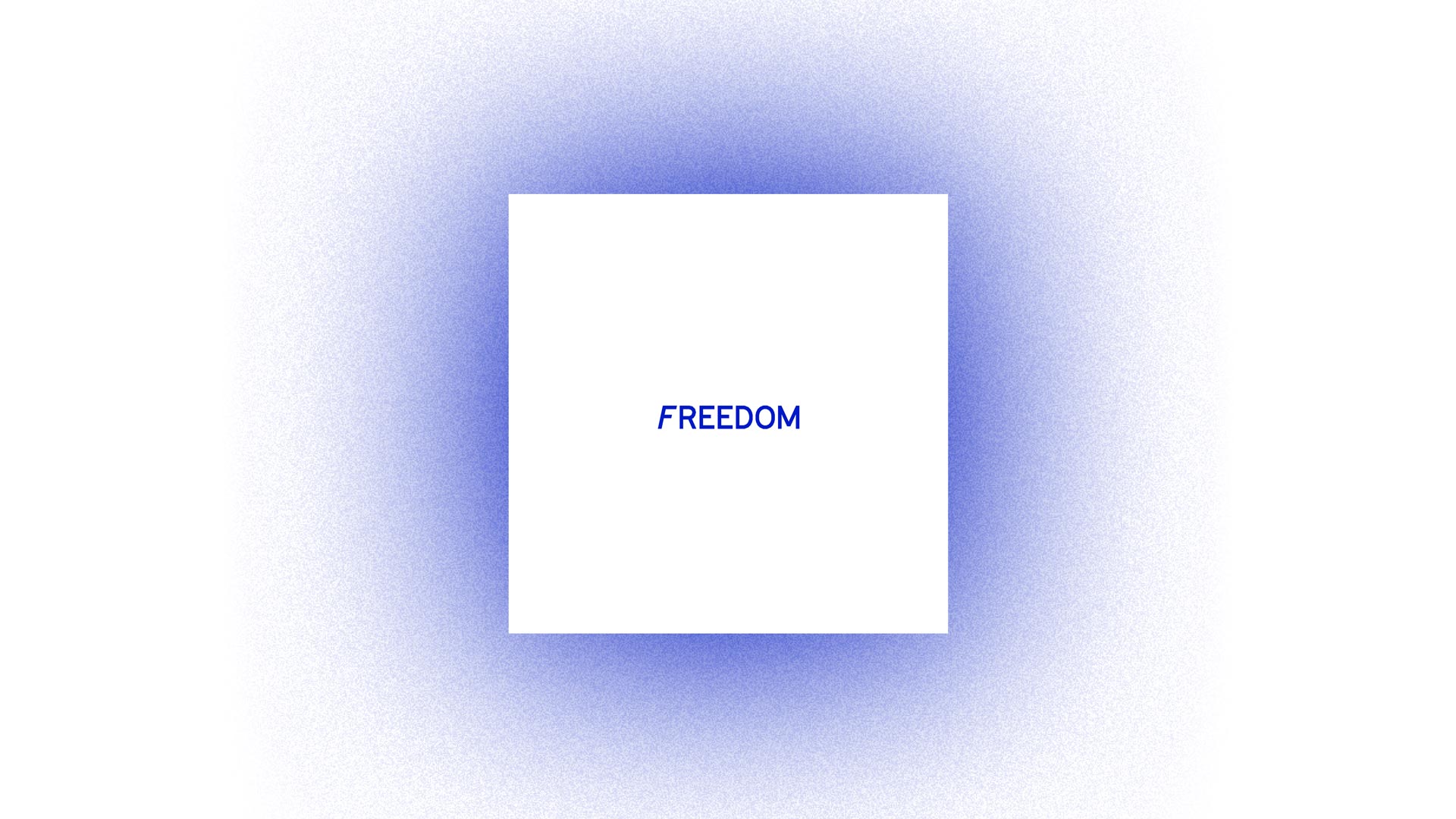 A white square containing the word "FREEDOM" in blue capital letters is centered against a blue-to-white gradient background. The gradient transitions from dark blue at the edges to lighter blue in the center.
