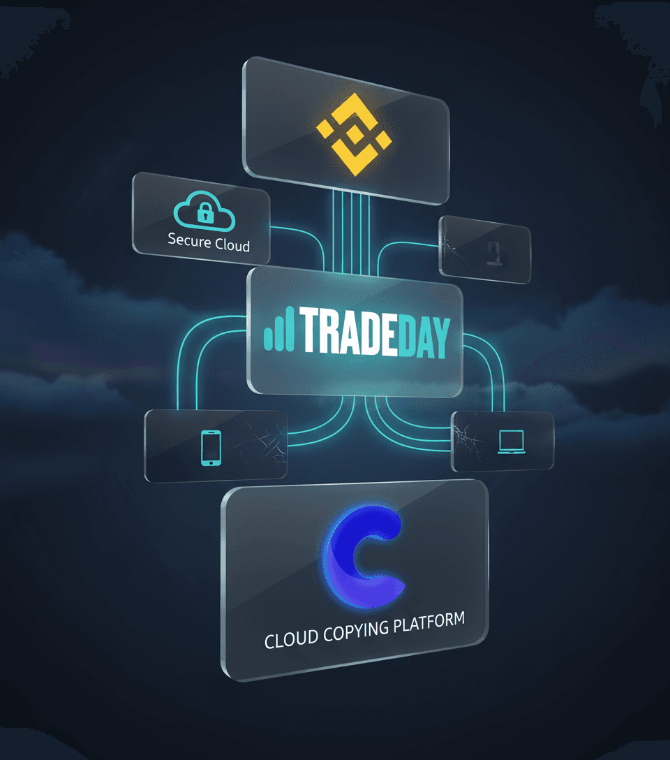 Glassmorphism panels demonstrating how cloud trade copying bypasses device outages and powers 24/7 replication