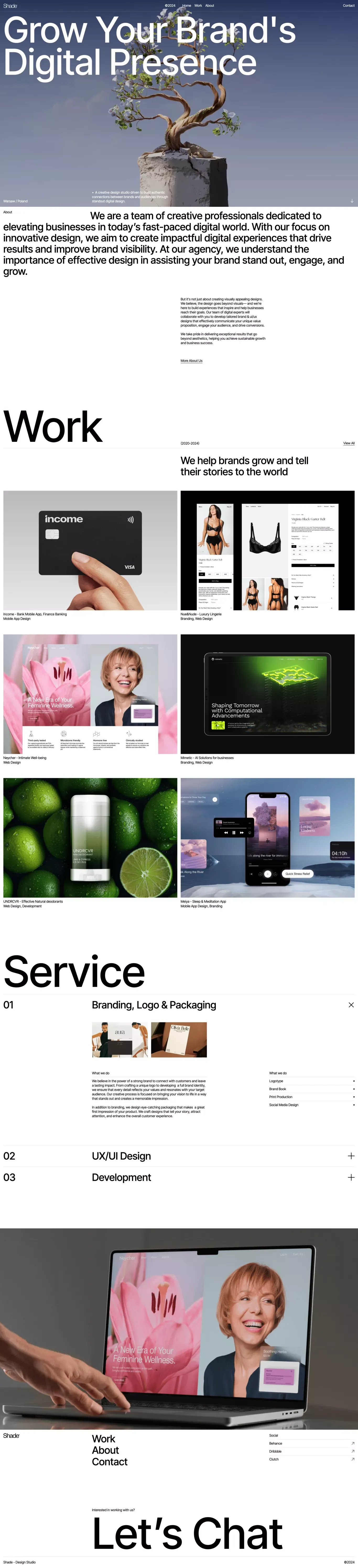 Shade - Digital Design Studio portfolio page screenshot showcasing Design and Tech design