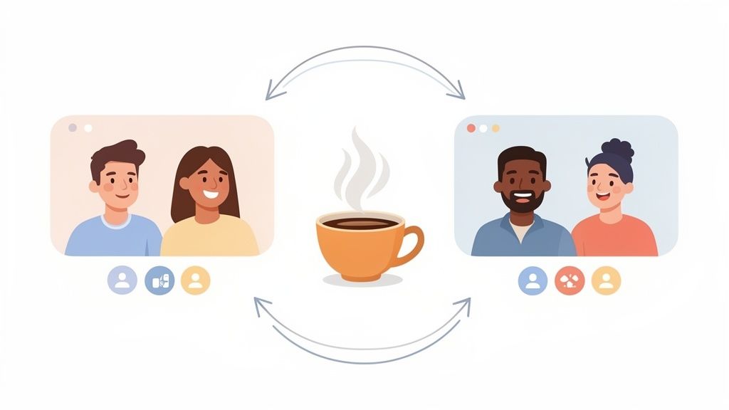 Smiling people in video calls sharing a virtual coffee break, symbolizing remote connection.