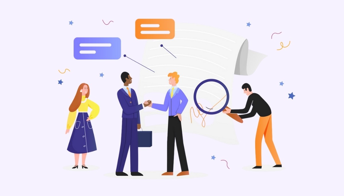 Illustration of professionals shaking hands while others observe and review documents.
