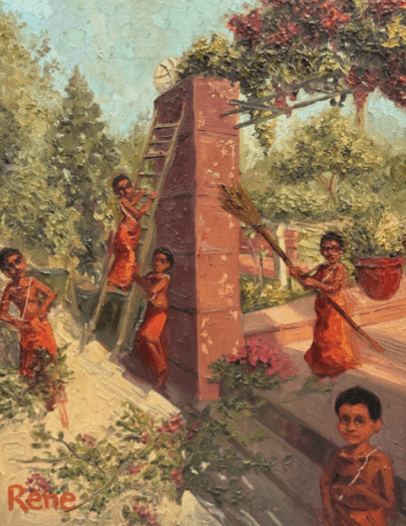 herd of sheep on road painting