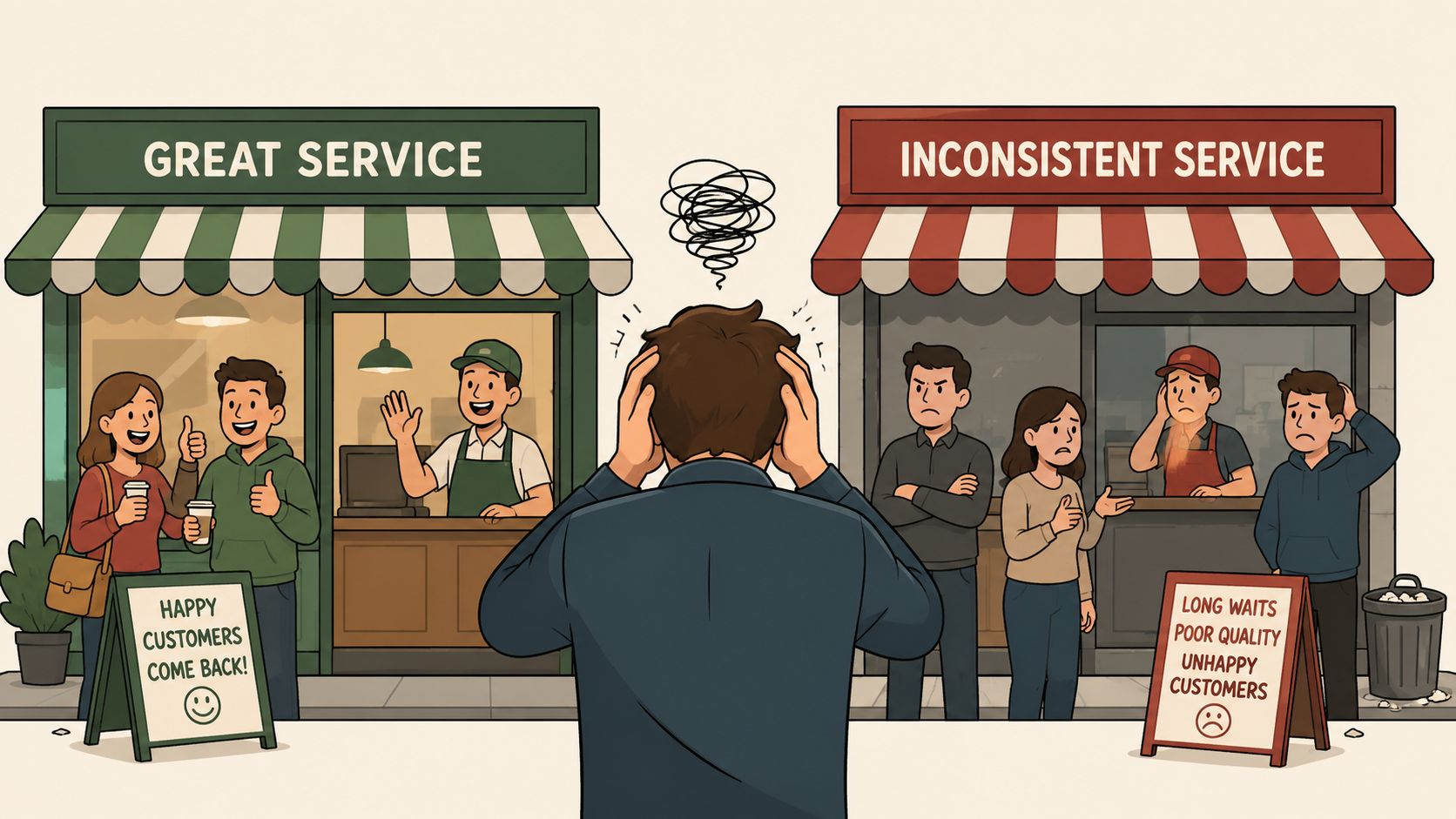 Una persona confundida comparando un negocio de excelente servicio con otro de servicio inconsistente y mala calidad.