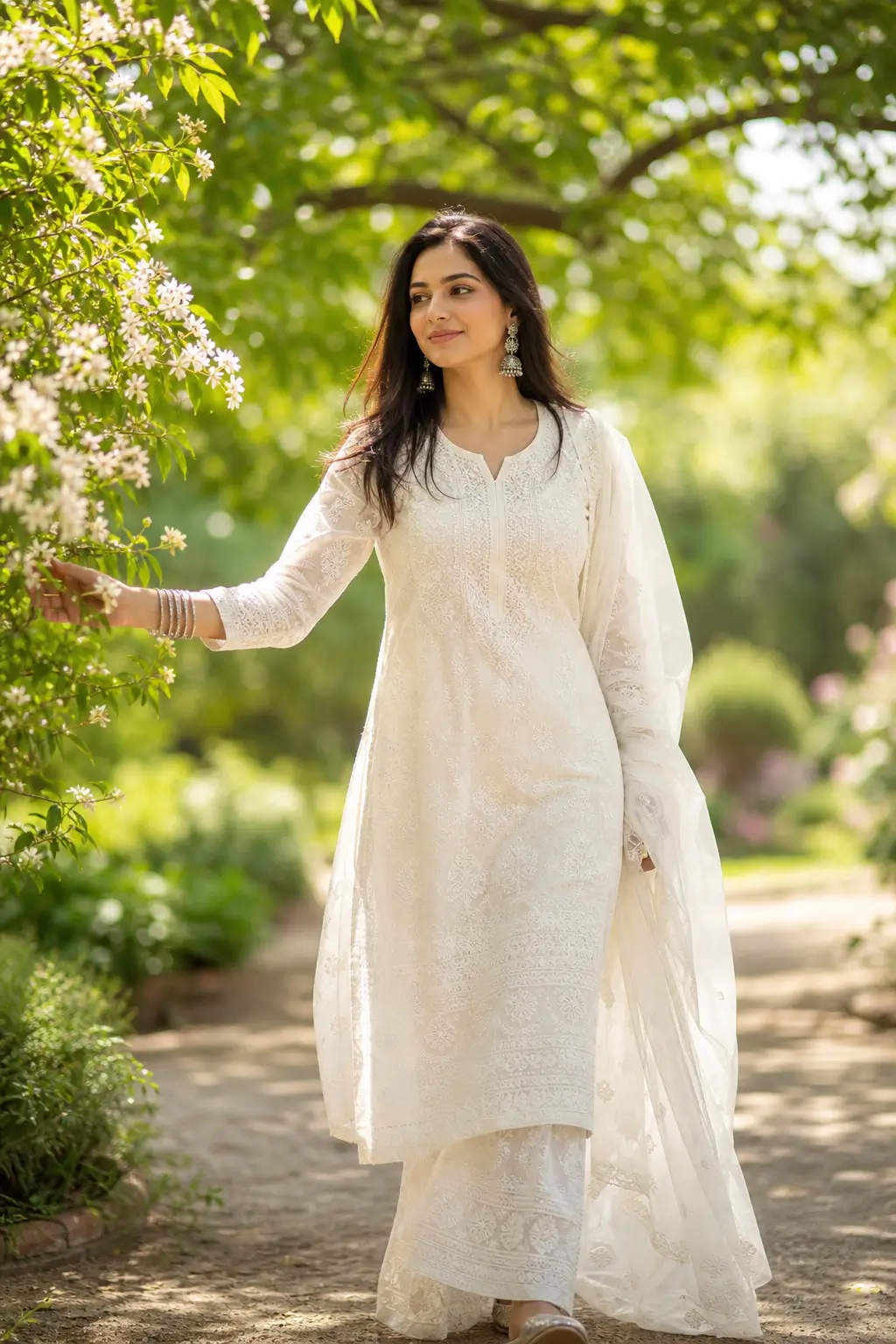 AI-generated female portrait of a woman in a flowing white dress standing among lush greenery and natural sunlight.