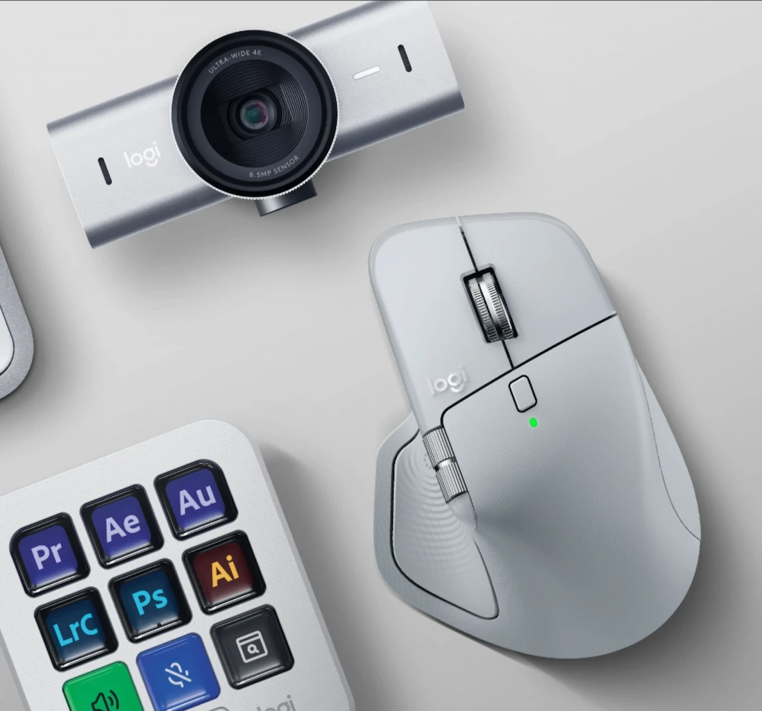 White mouse on desk next to webcam