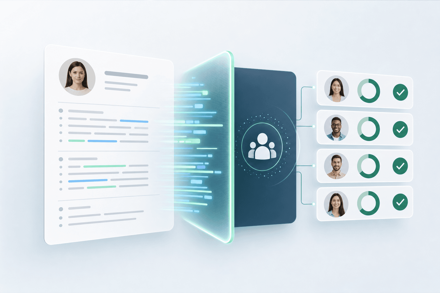 A clean, modern illustration showing a resume document being scanned by an applicant tracking system. The visual should depict a digital interface with a resume on one side and scanning/filtering technology on the other, with keyword matching indicators and checkmarks showing compatibility. Use a professional color palette with blues and greens, minimalist style, no text or words visible.