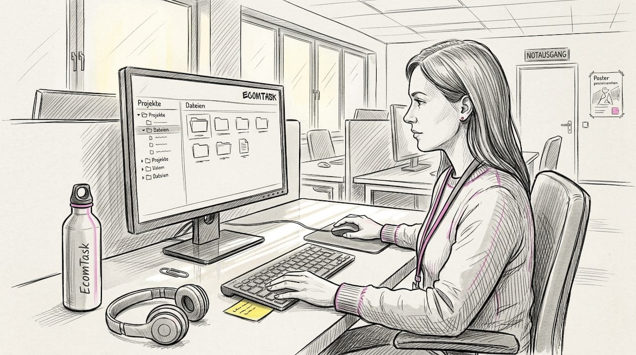 Eine Mitarbeiterin recherchiert mithilfe der Unternehmenssuche an ihrem Schreibtisch.