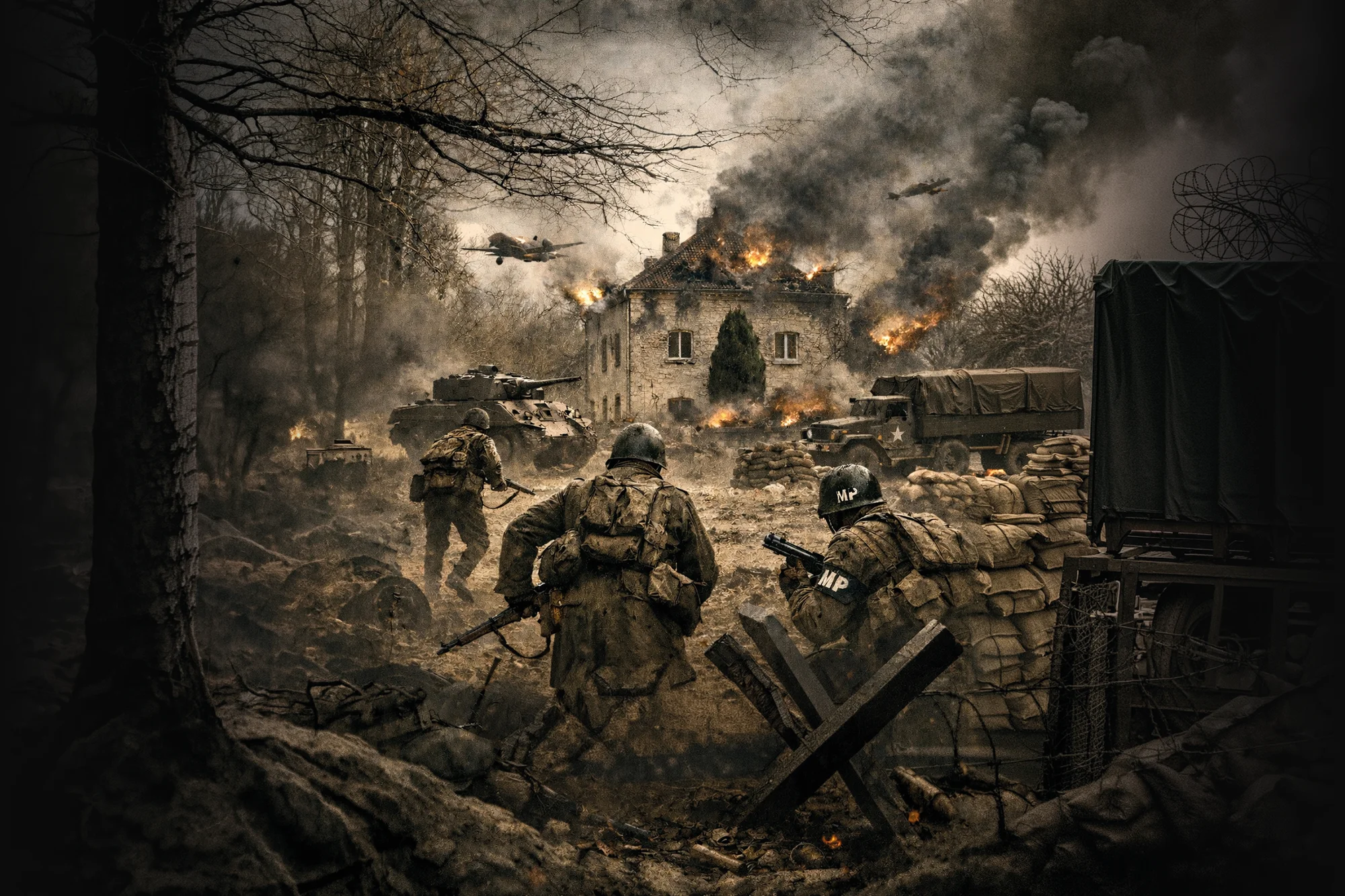 Décor immersif de la chambre La Chute de la Tuilerie inspirée d’un film de guerre au gîte La Tuilerie du Cinéaste