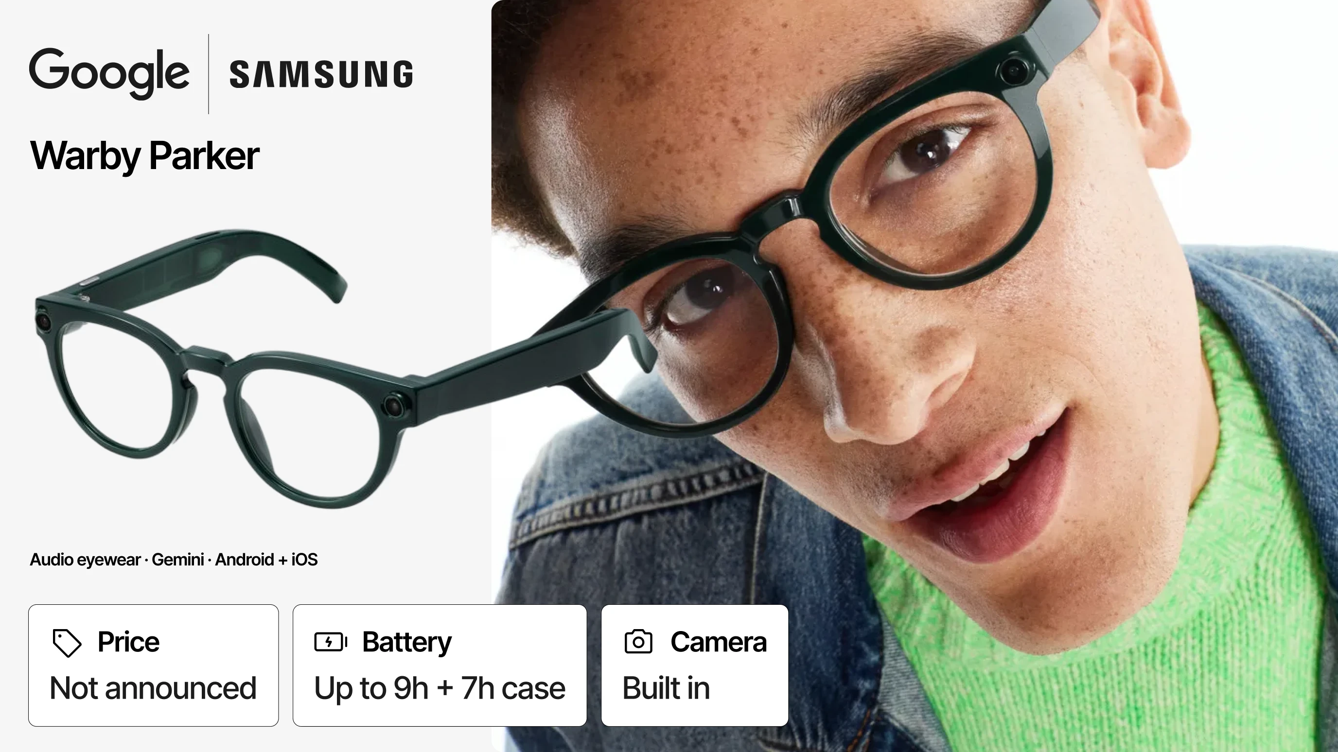 Google and Samsung Warby Parker glasses beside a model wearing the dark rounded frames.