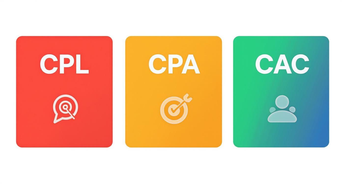 Three colorful squares depicting marketing metrics: CPL (cost per lead), CPA (cost per acquisition), and CAC (customer acquisition cost), each with a relevant icon.