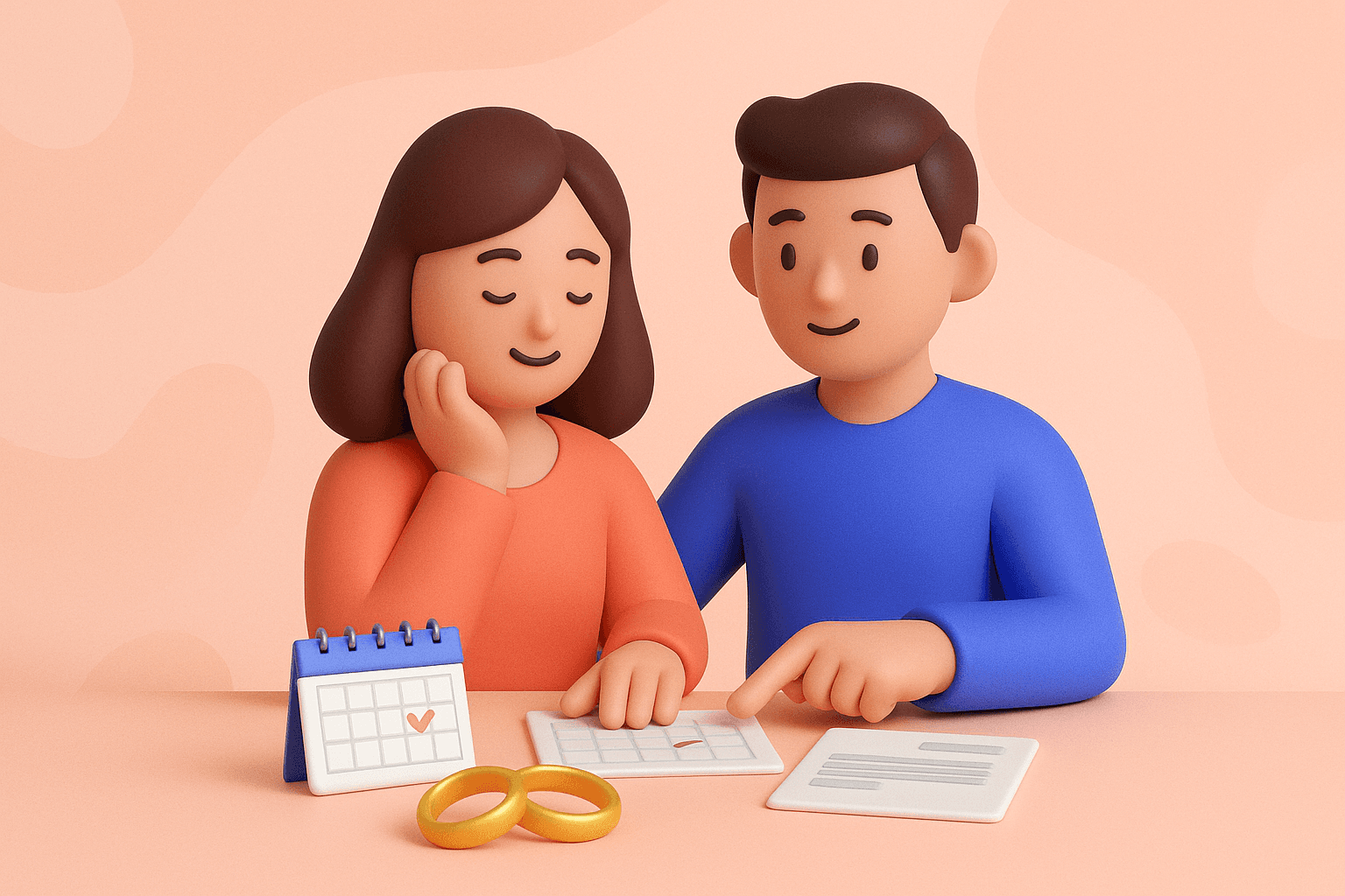 Ilustrasi clay 3D pasangan muda duduk berdampingan di meja, sedang membicarakan rencana pranikah. Di atas meja terdapat kalender dengan tanggal bertanda hati, dua cincin emas, dan dokumen konseling. Latar belakang gradasi peach lembut dengan bentuk abstrak organik.