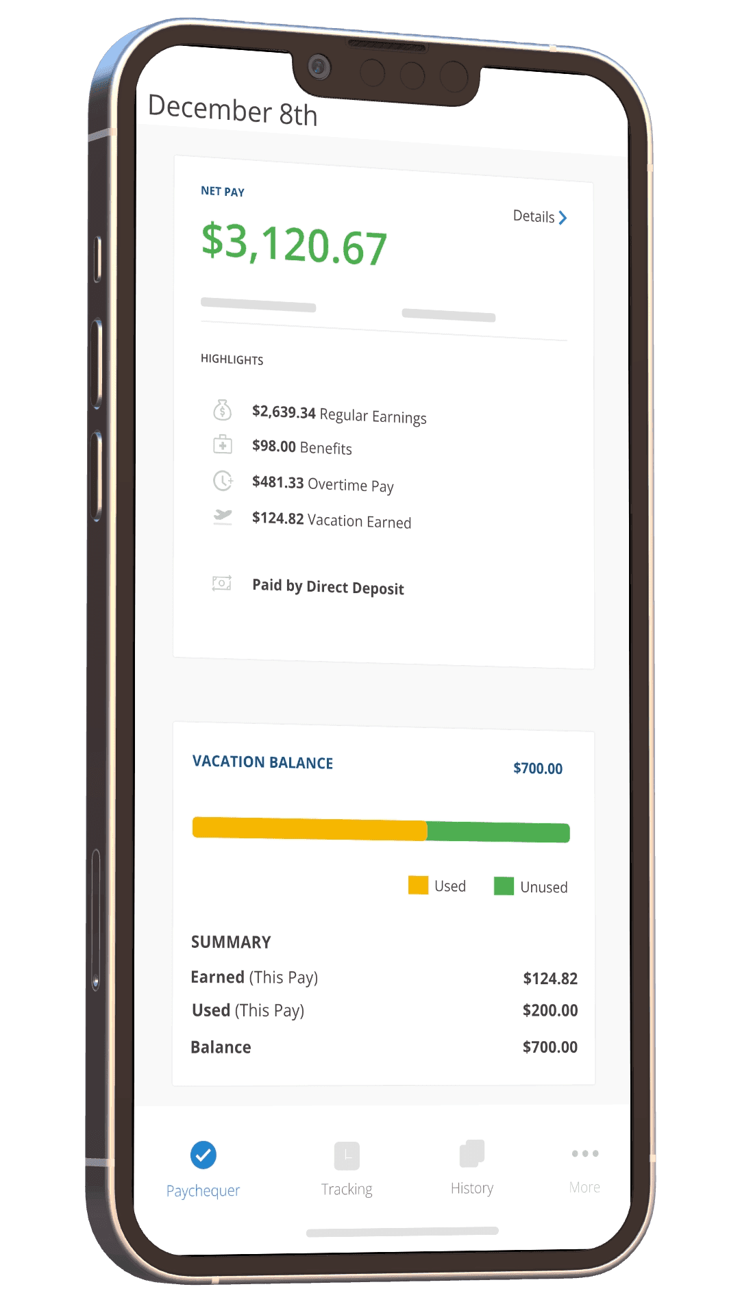 PayChequer mobile app displaying detailed December 8th pay breakdown showing net pay of $3,120.67 with itemized earnings, benefits, overtime, and vacation totals